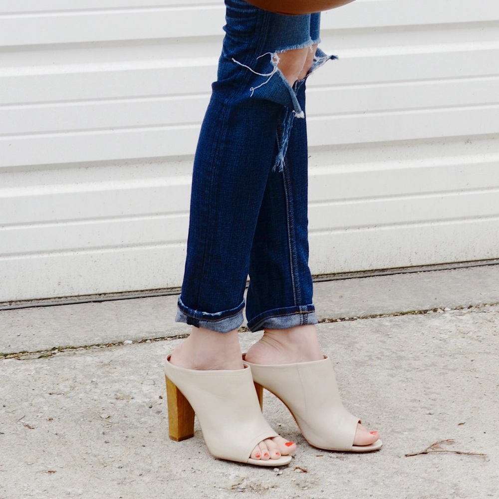 Shoemint Miller Beige Heeled Peep Toe Mules